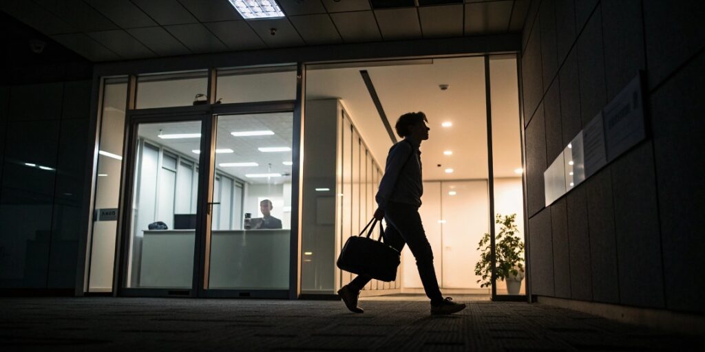 Working leaving the office at the end of the day.